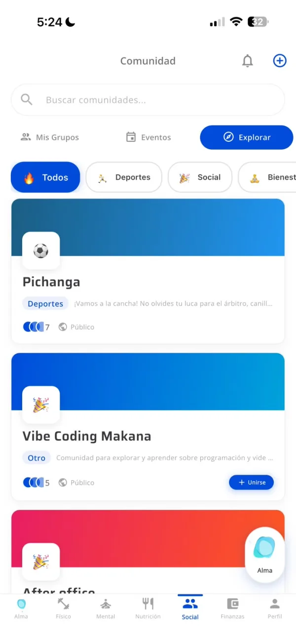Social wellbeing screen in the Makana app